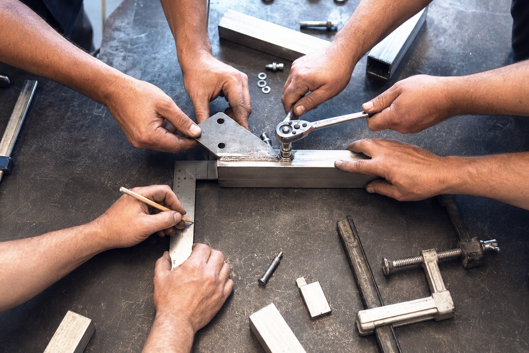 Four pairs of hands on one bracket
